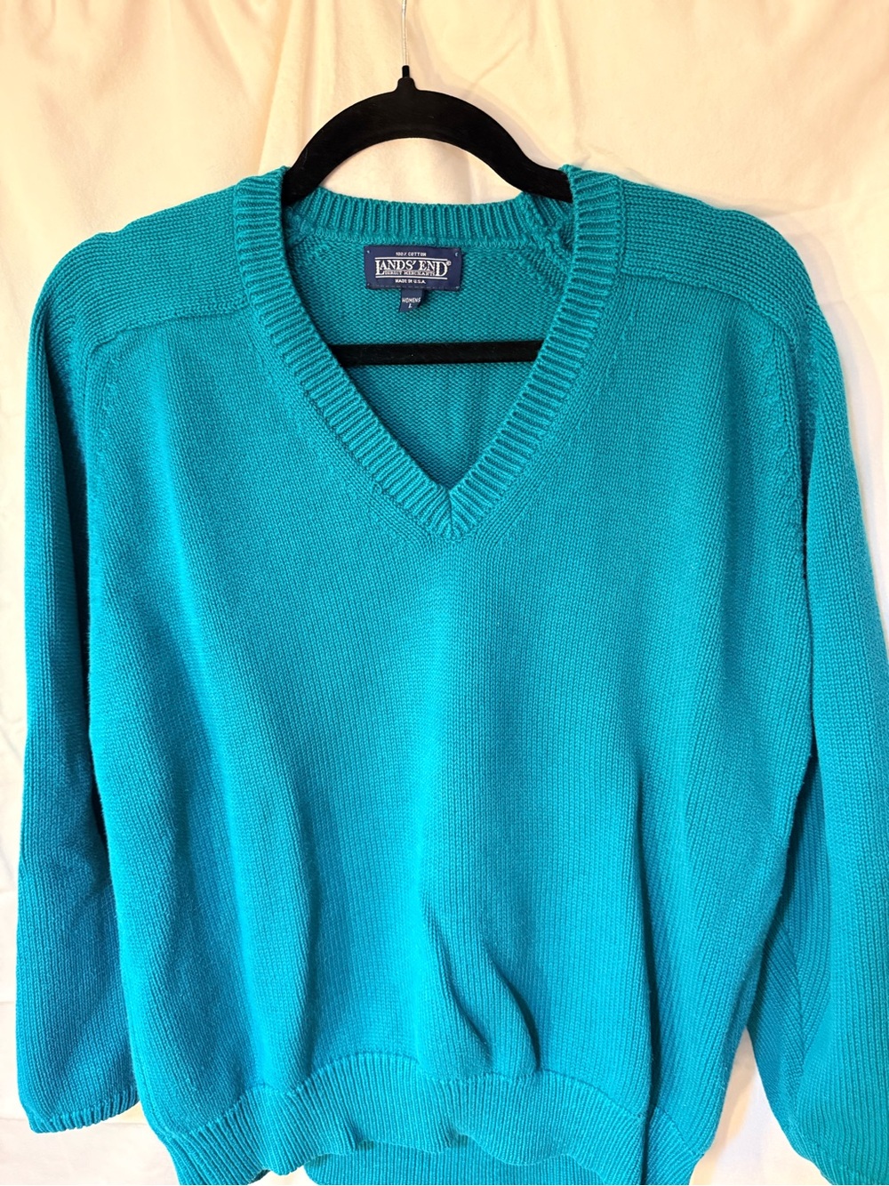 Lands' End V-Neck Sweater Teal colorful cotton classic preppy vintage fall cozy